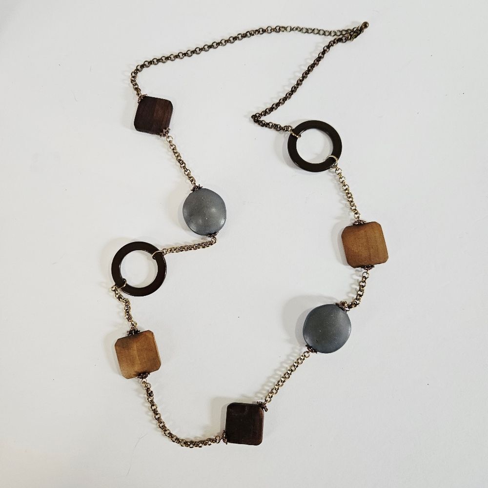 Vintage Wooden Earthy Beaded Geometric Chunky Artisan Folk Art Chain Necklace - Picture 6 of 9